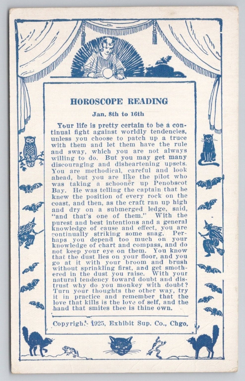 1925 Horoscope Reading Postcard Jan 8-16 Penobscot Bay Cats Bats Owls