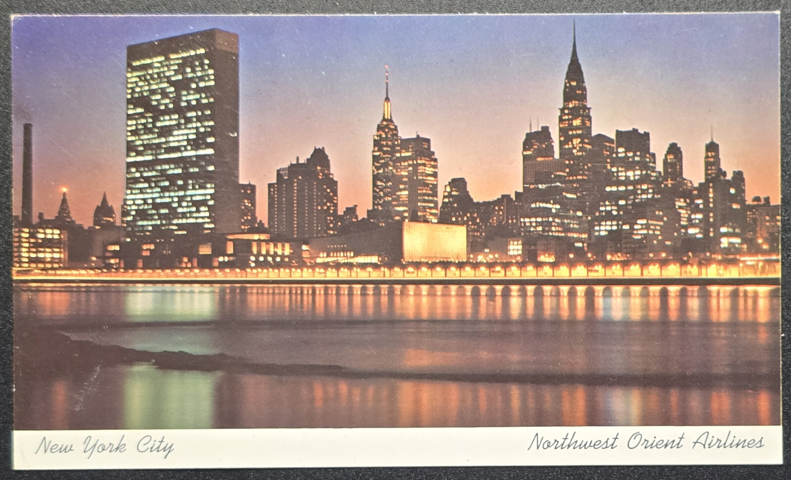 Northwest Orient Airlines Postcard New York City Skyline Night View