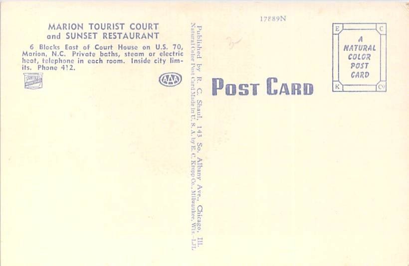 Marion NC Tourist Court & Sunset Restaurant Postcard E. C. Kropp 1940s-50s