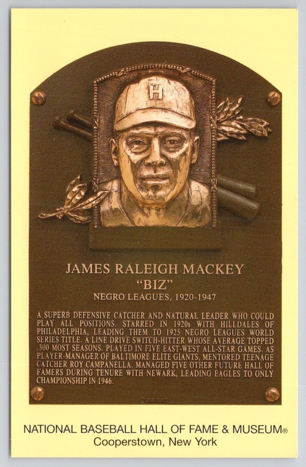 James Raleigh Biz Mackey Negro Leagues HOF Plaque Postcard 2006 Cooperstown NY