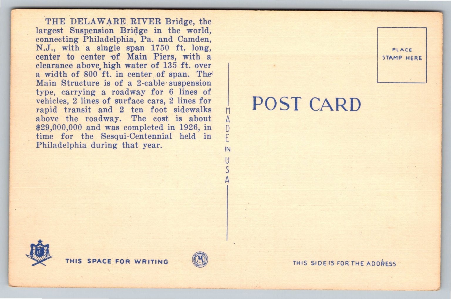 Vintage Delaware River Bridge Philadelphia-Camden Linen Postcard