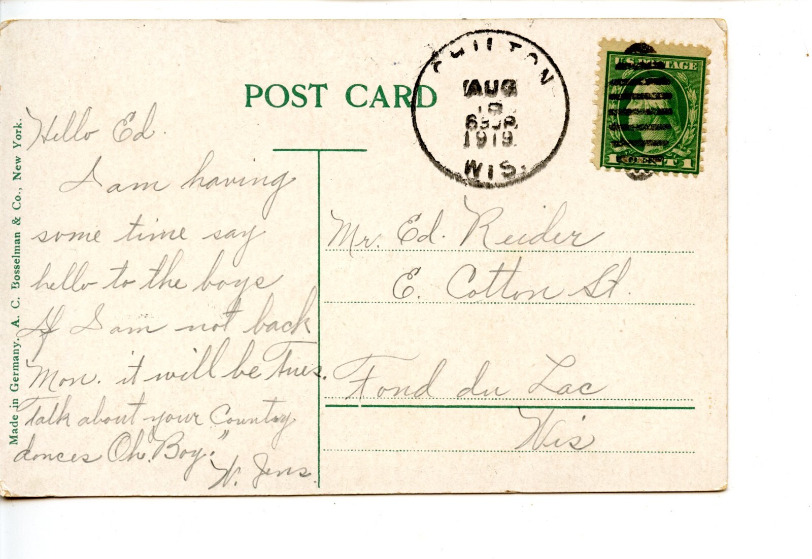 Main Street Bridge-Small Town Chilton-Wisconsin-Vintage 1919 Postcard