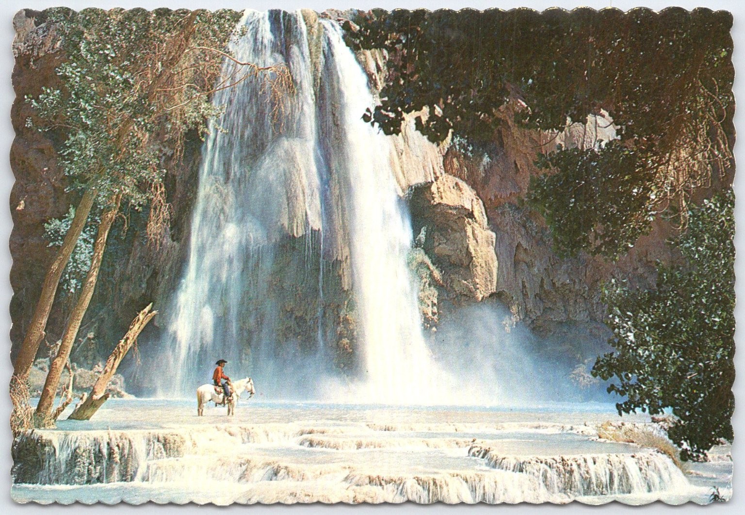 Havasu Falls Grand Canyon AZ Petley Chrome Postcard Cowboy Horse Waterfall