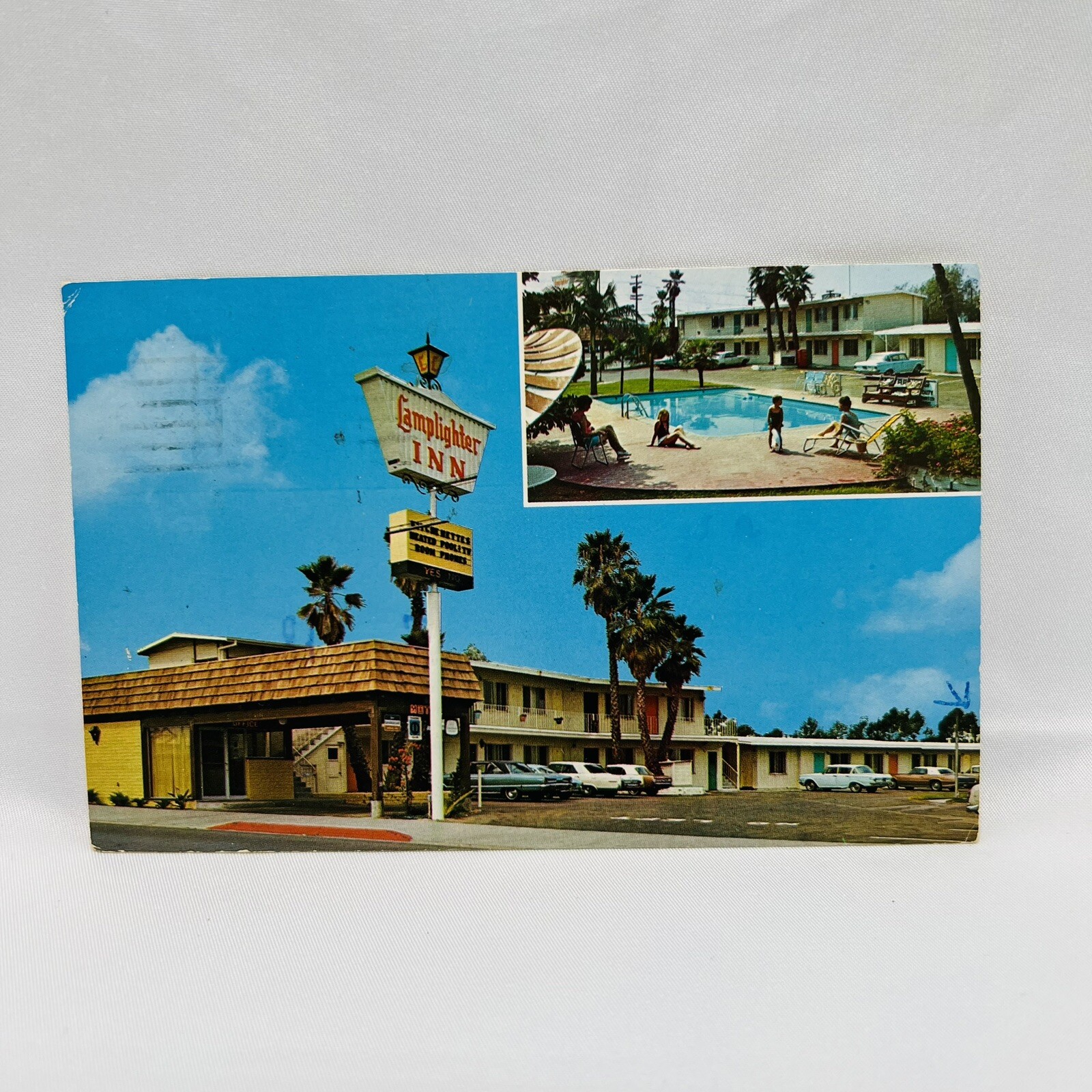 Lamplighter Inn Motel San Diego Postcard Posted 1975 Motel and Old Cars