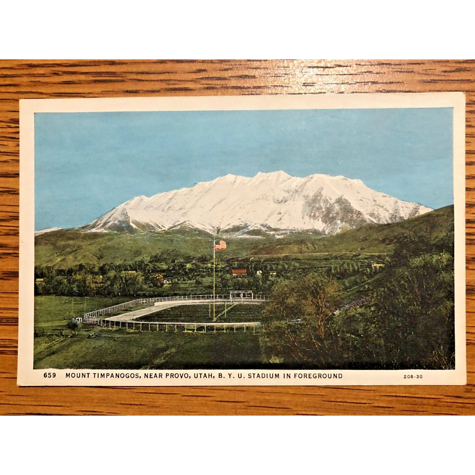 Vintage Postcard Mount Timpanogos Provo Utah BYU Stadium American Flag