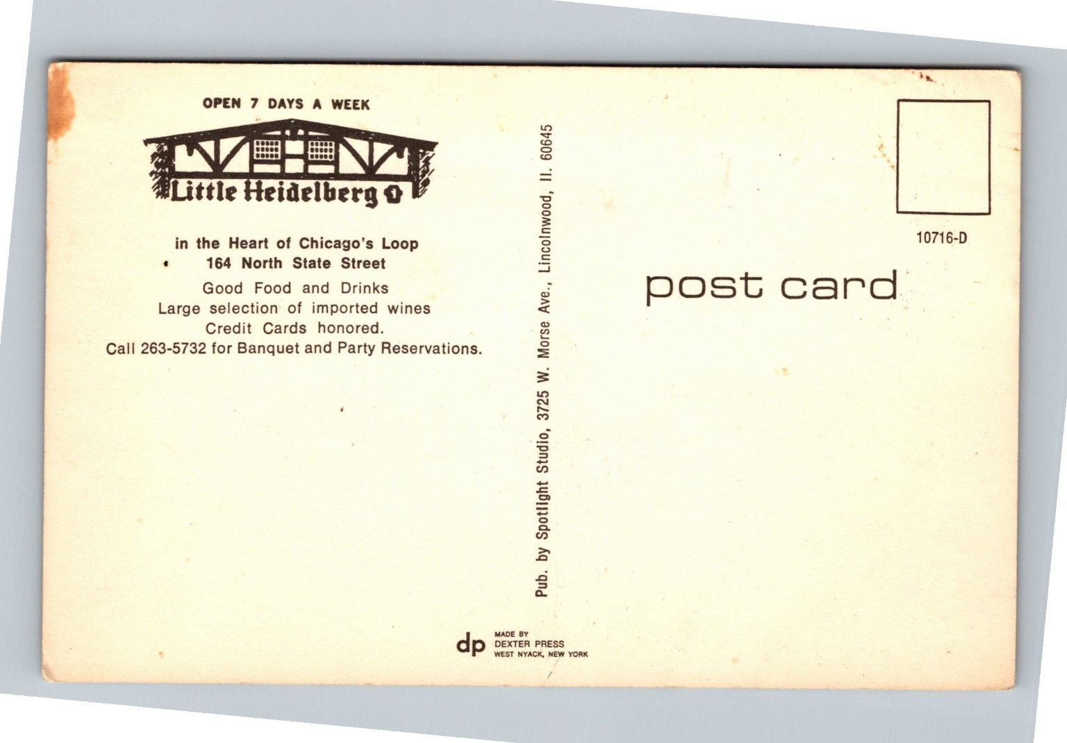 Little Heidelberg Chicago Loop Restaurant Bar Vintage Postcard Dexter Press