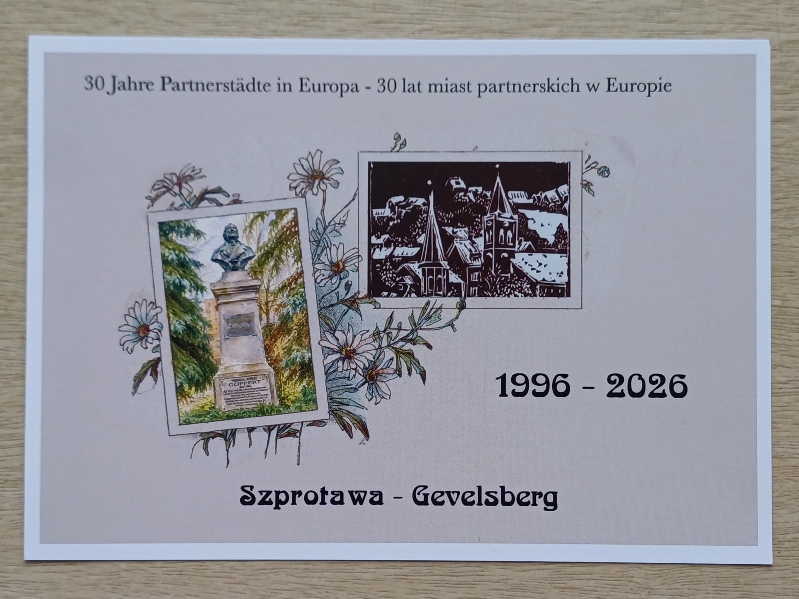 Postcard 2026 anniversary 30 years partnership Szprotawa Sprottau-Gevelsberg