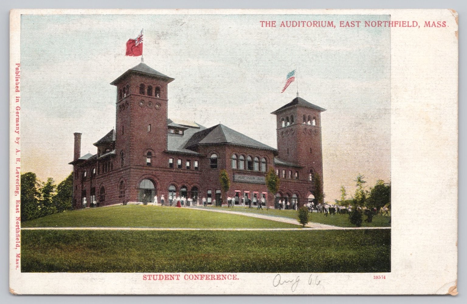 East Northfield MA Auditorium Student Conference Postcard 1906 A.R. Levering