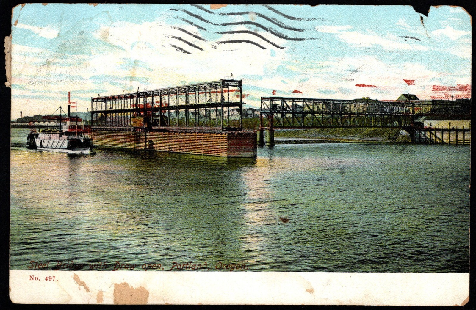 Postcard Steel Bridge with Draw Open, Portland, OR Antique