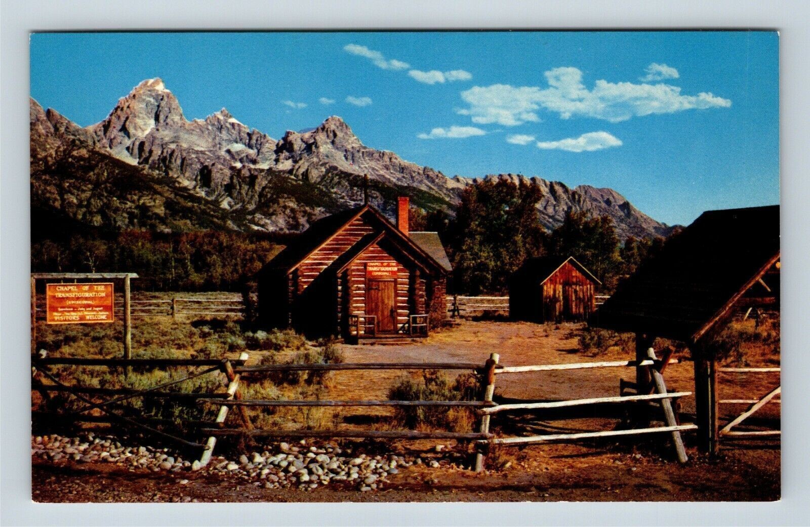 Moose WY, Chapel The Transfiguration, Teton Range, Wyoming Vintage Postcard