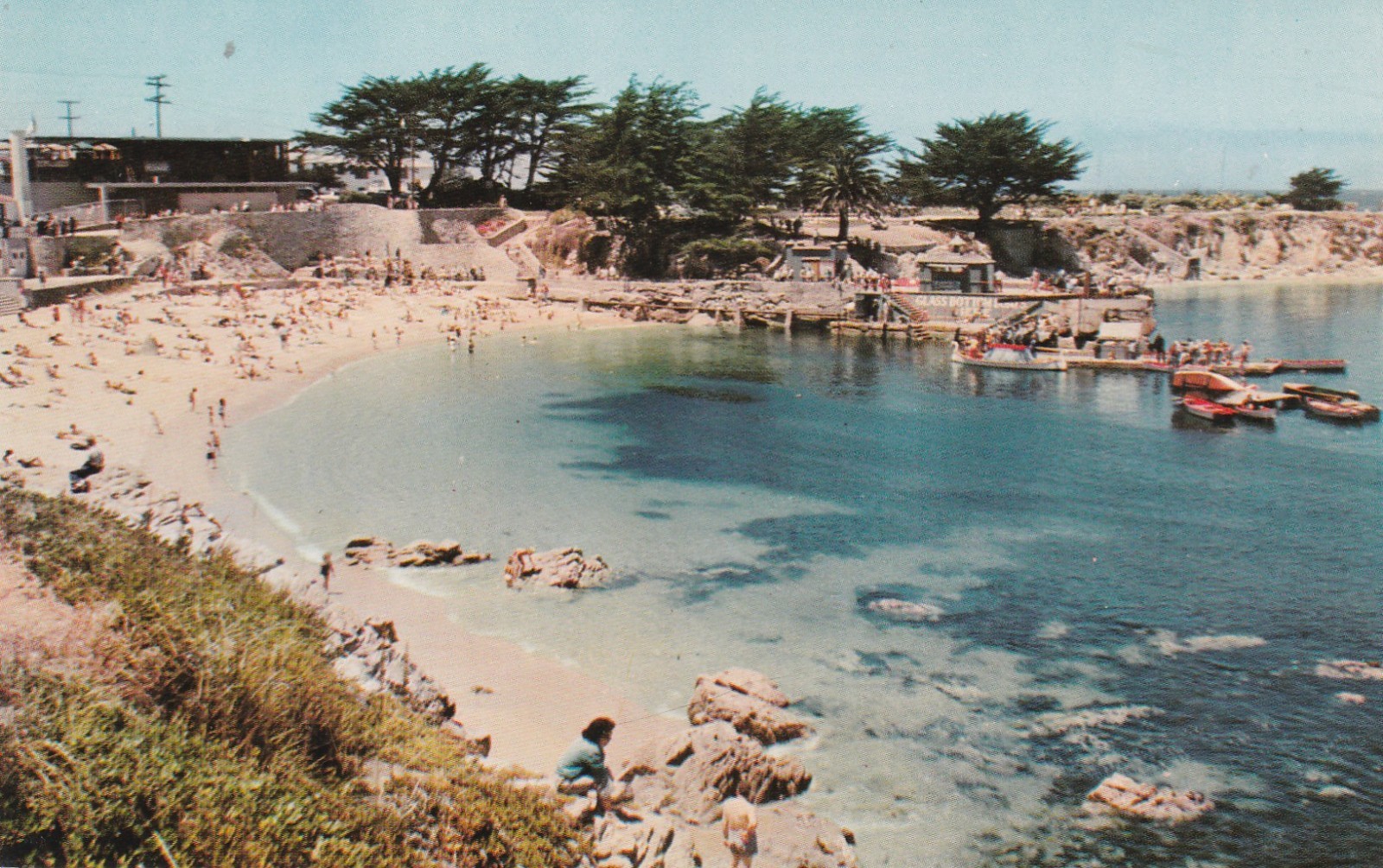 Pacific Grove Beach California Vintage souvenir Postcard Sandy Beach Boats