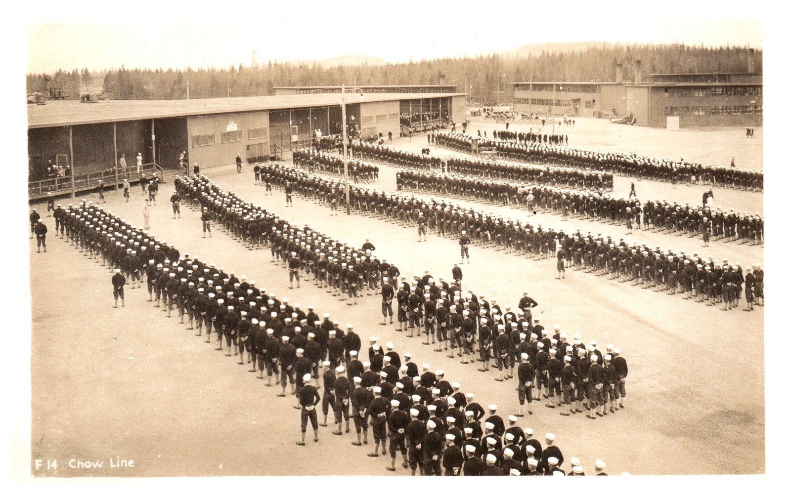 Vintage Postcard US Navy chow line recruits in formation WWII training camp
