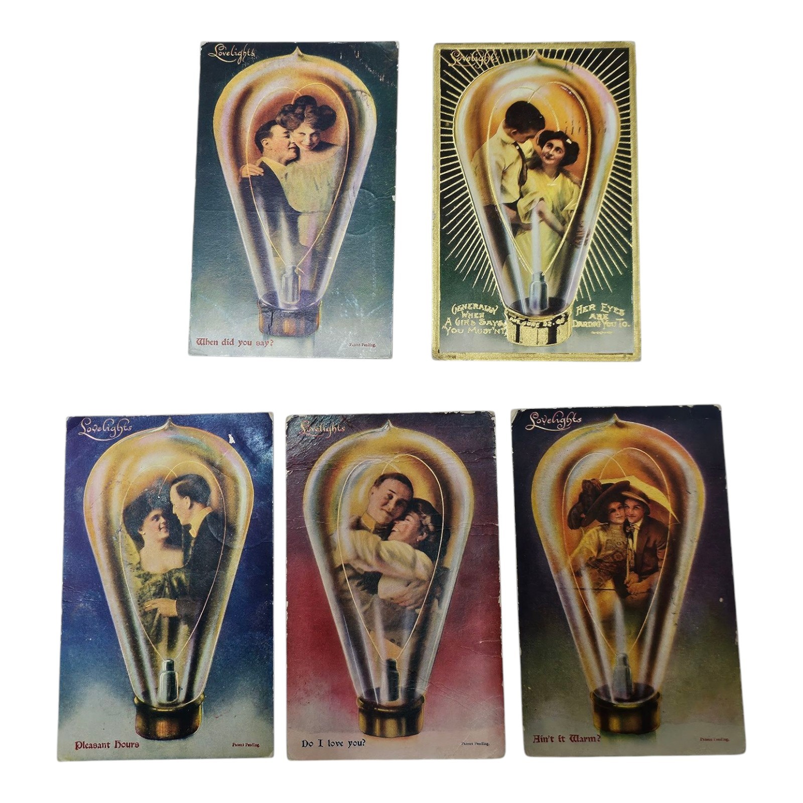 5 Love Lights Light Series Bulb Romance Couple Valentines Day Vtg Postcards