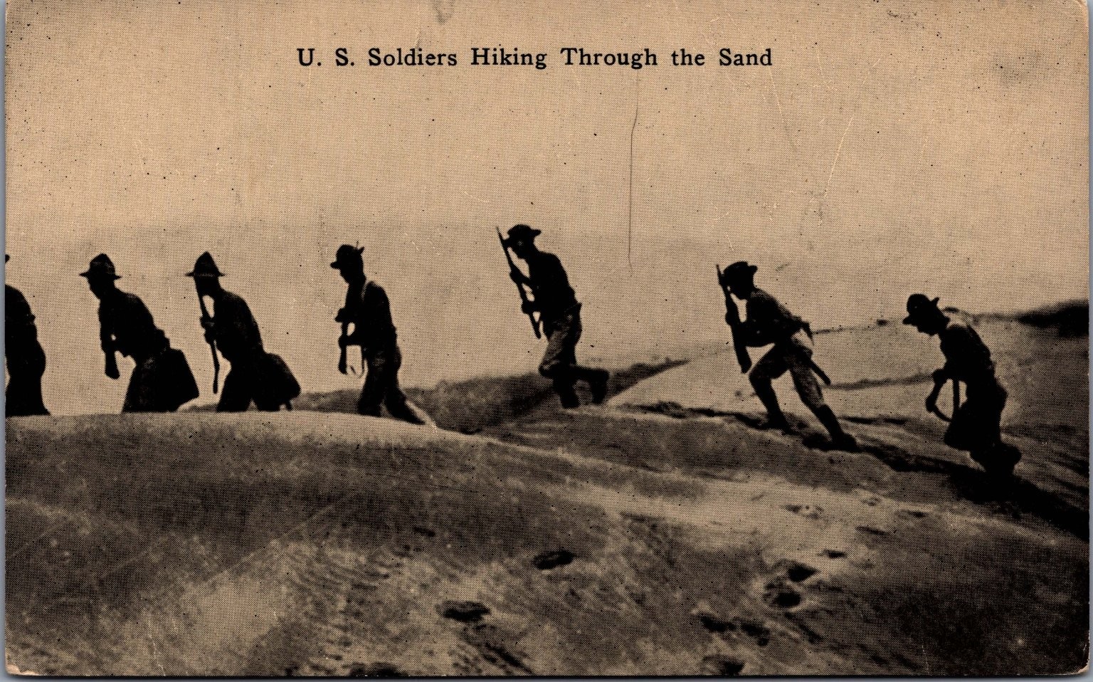 US Soldiers Hiking Sand Dunes RPPC Postcard WWI Era H.H. Stratton Chattanooga