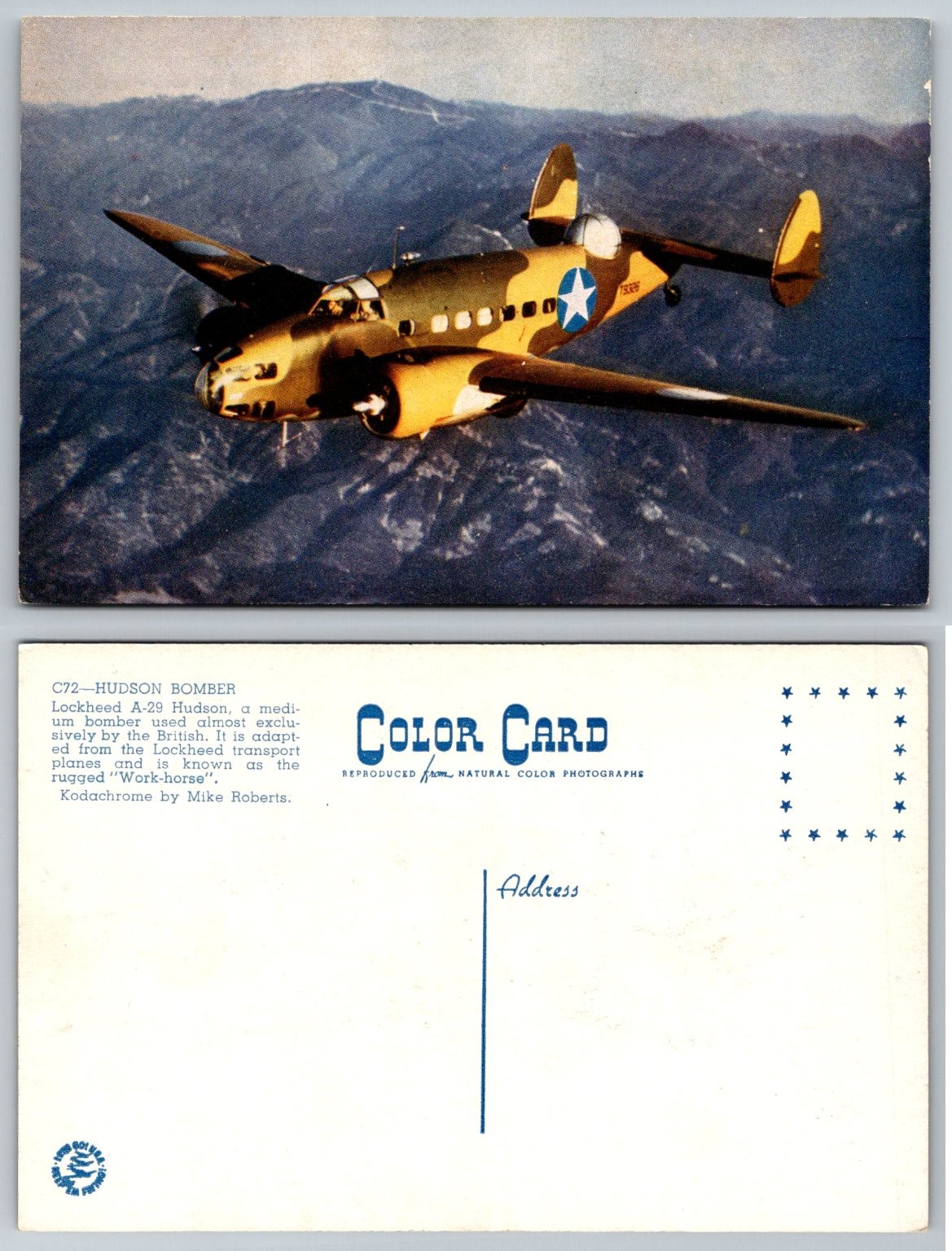 WWII Lockheed A-29 Hudson Bomber Airplane Kodachrome Color Postcard