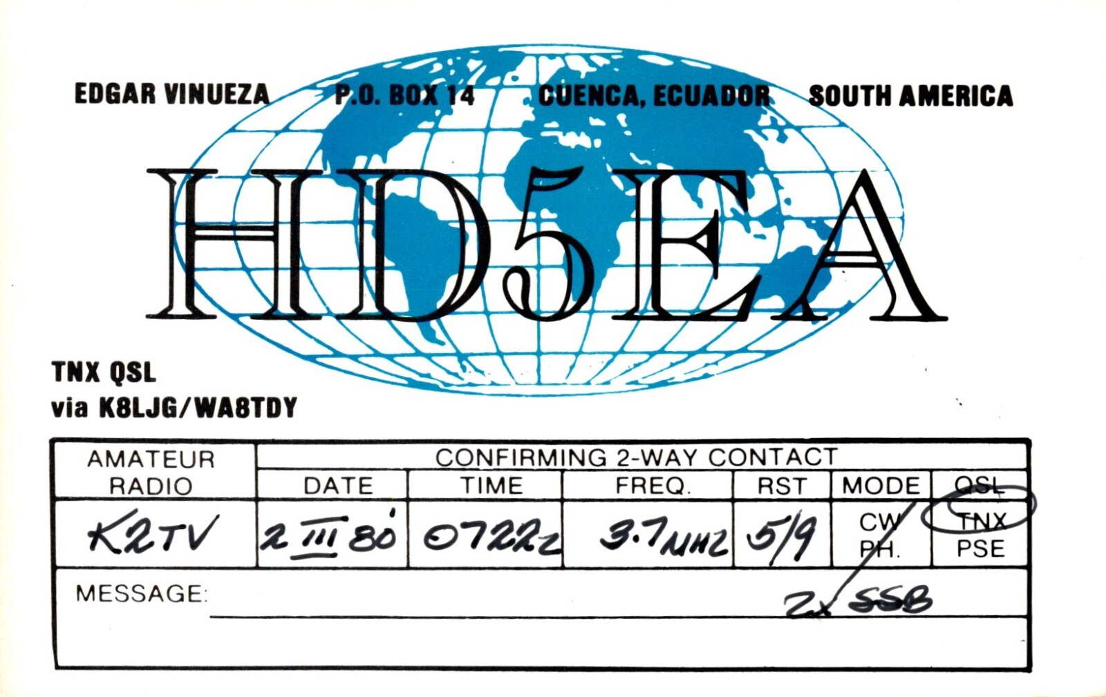 Cuenca Ecuador HD5EA QSL Radio Postcard