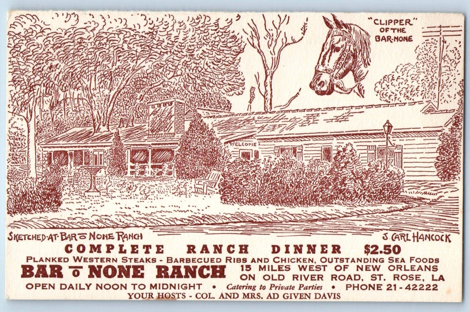 1920 New Orleans Louisiana Postcard Complete Ranch Dinner Bar O None St. Rose