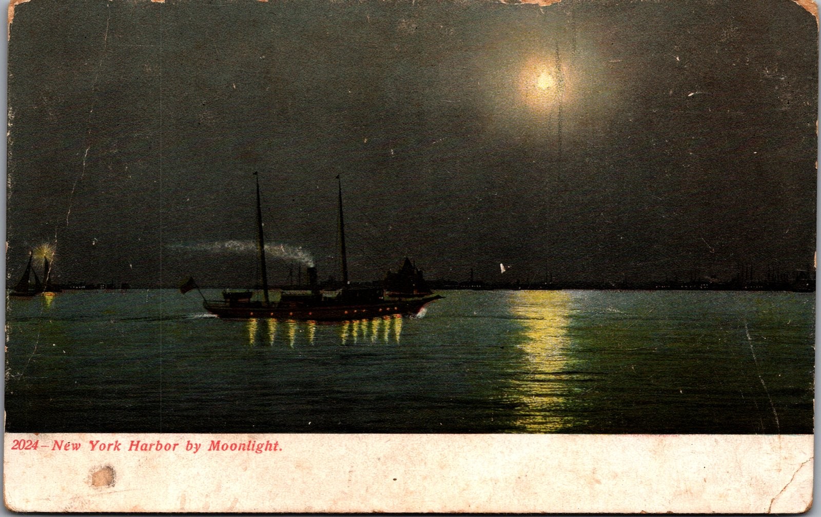 New York Harbor by Moonlight Souvenir Post Card Co. Vintage Postcard