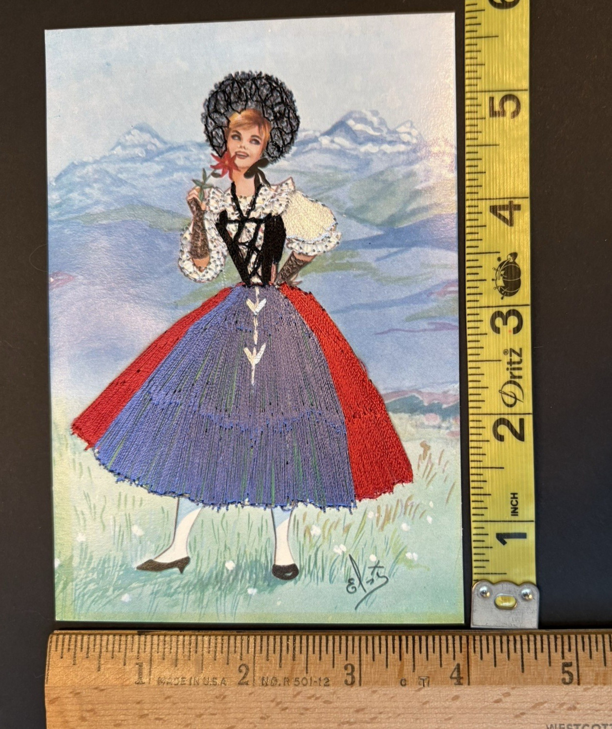 Vintage Embroidered Card of Woman Wearing Swiss National Costume Blue Red