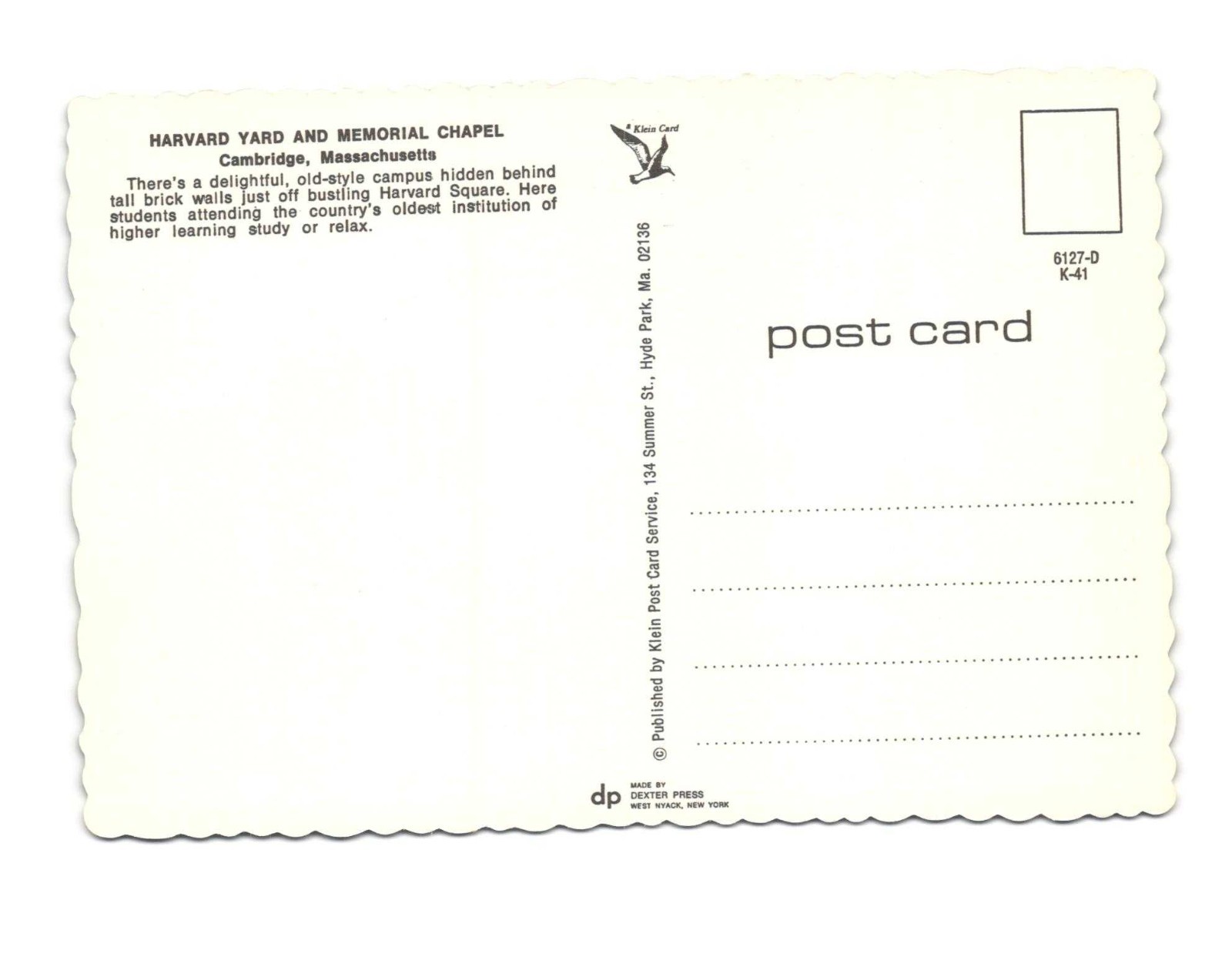 Harvard Yard of Harvard University Cambridge MA vintage postcard unposted