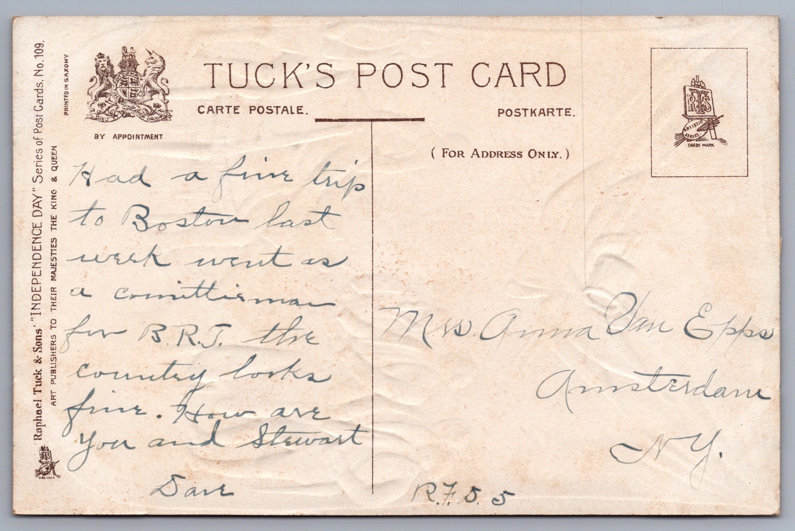 Tuck’s Declaration of Independence Day 109 Embossed Postcard P3
