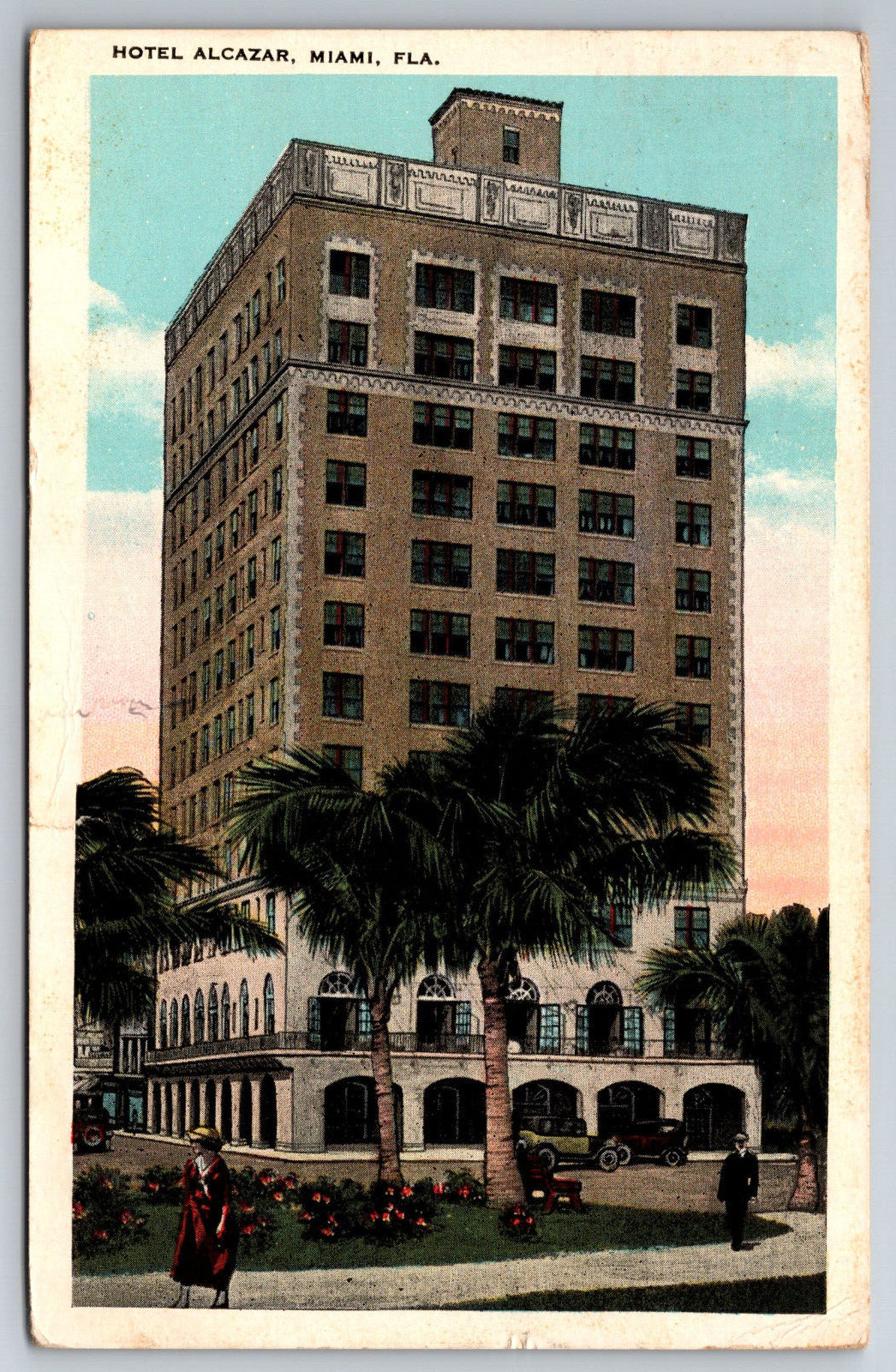 Vintage Postcard FL Miami Hotel Alcazar Old Cars White Border ~7161