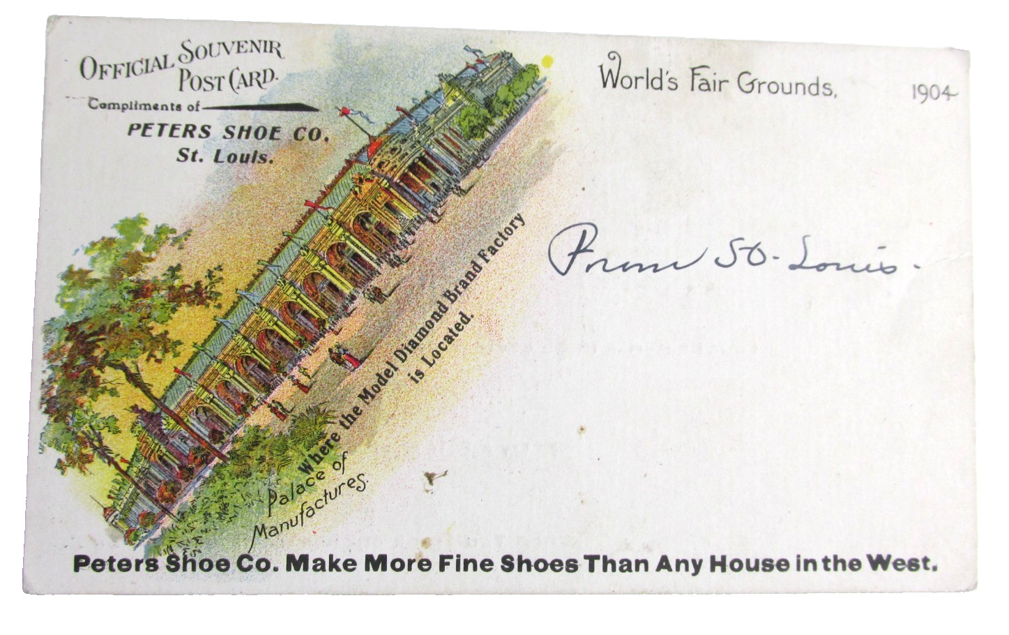 1904 ST LOUIS WORLD’S FAIR Advertising Postcard, Peters Shoe Co. Diamond Brand