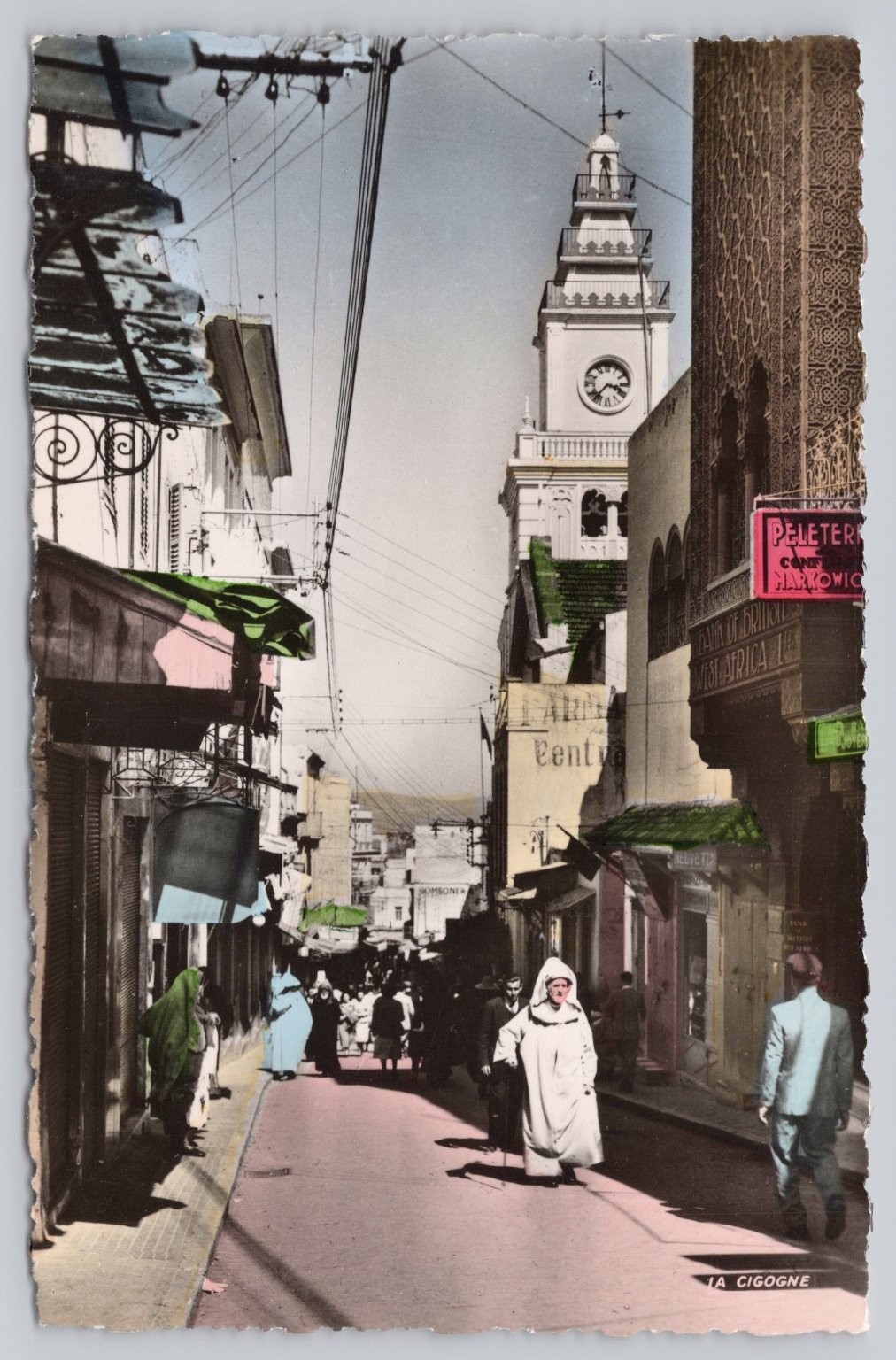 Tanger Morocco Rue des Siaghines Clock Tower RPPC Vintage Postcard