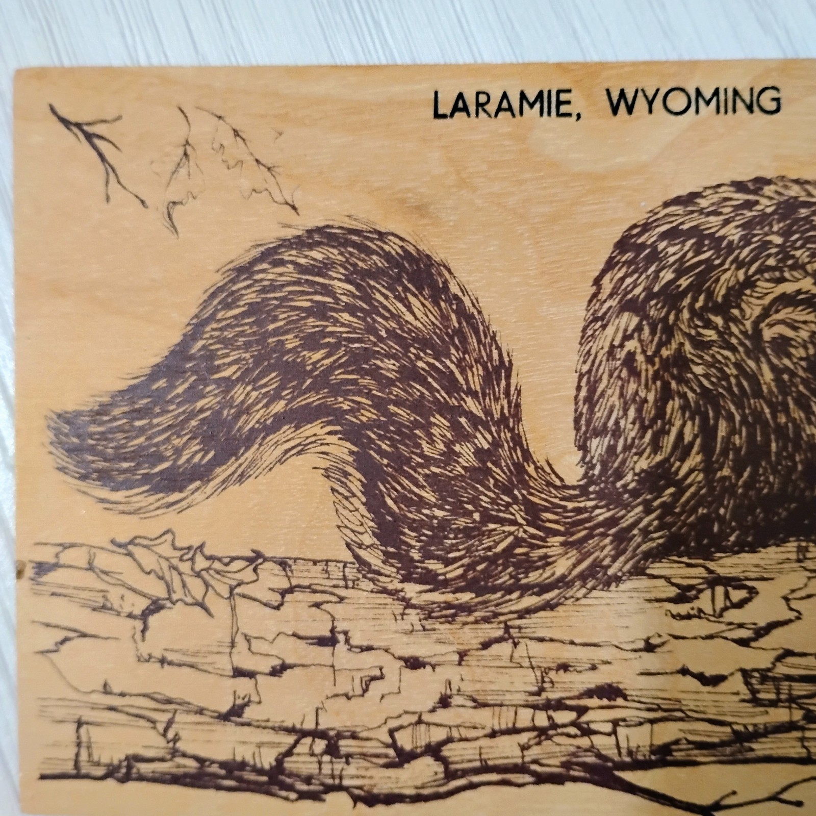 Laramie, Wyoming Wood Postcard Souvenir Squirrel on Branch Unused 5.5×3.5 inches