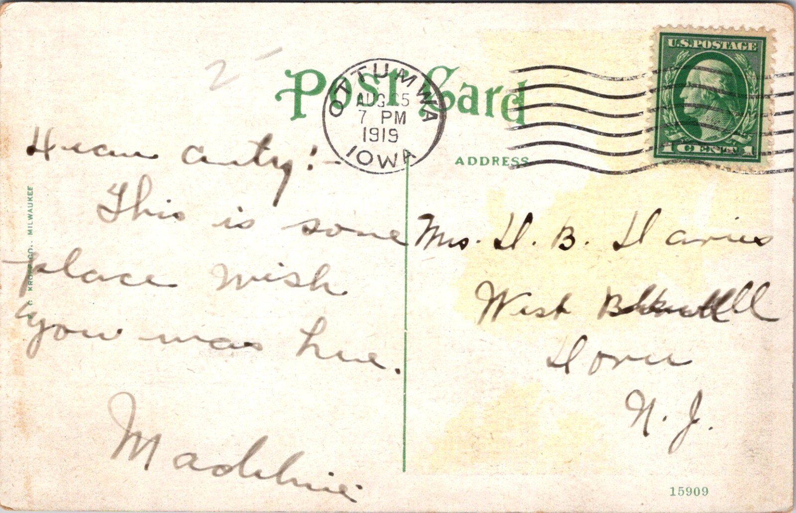 Ottumwa Iowa IA Court House Clock Tower 1910s 1919 Postcard