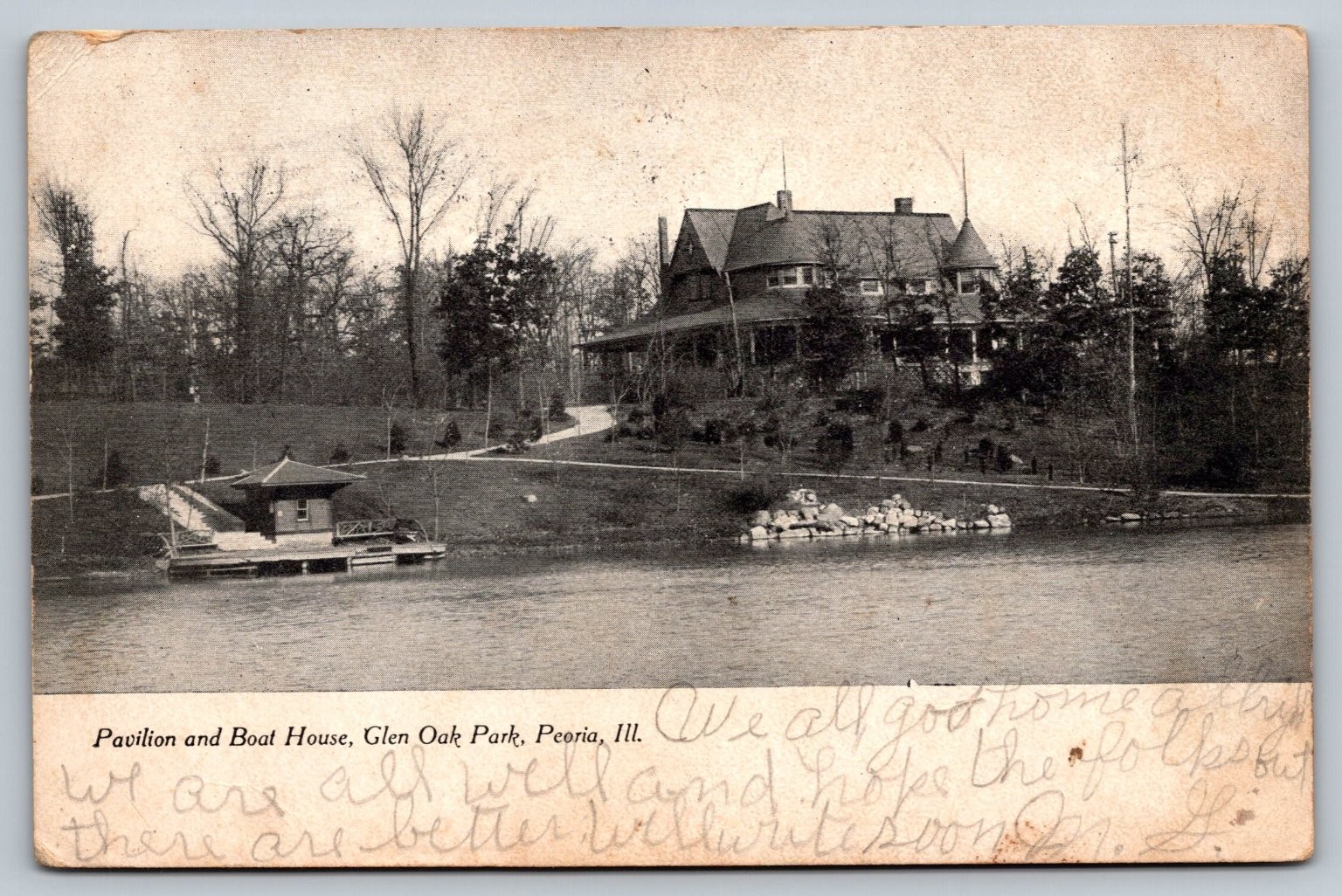 Vintage Pavilion and Boat House Postcard Glen Oak Park Peoria IL