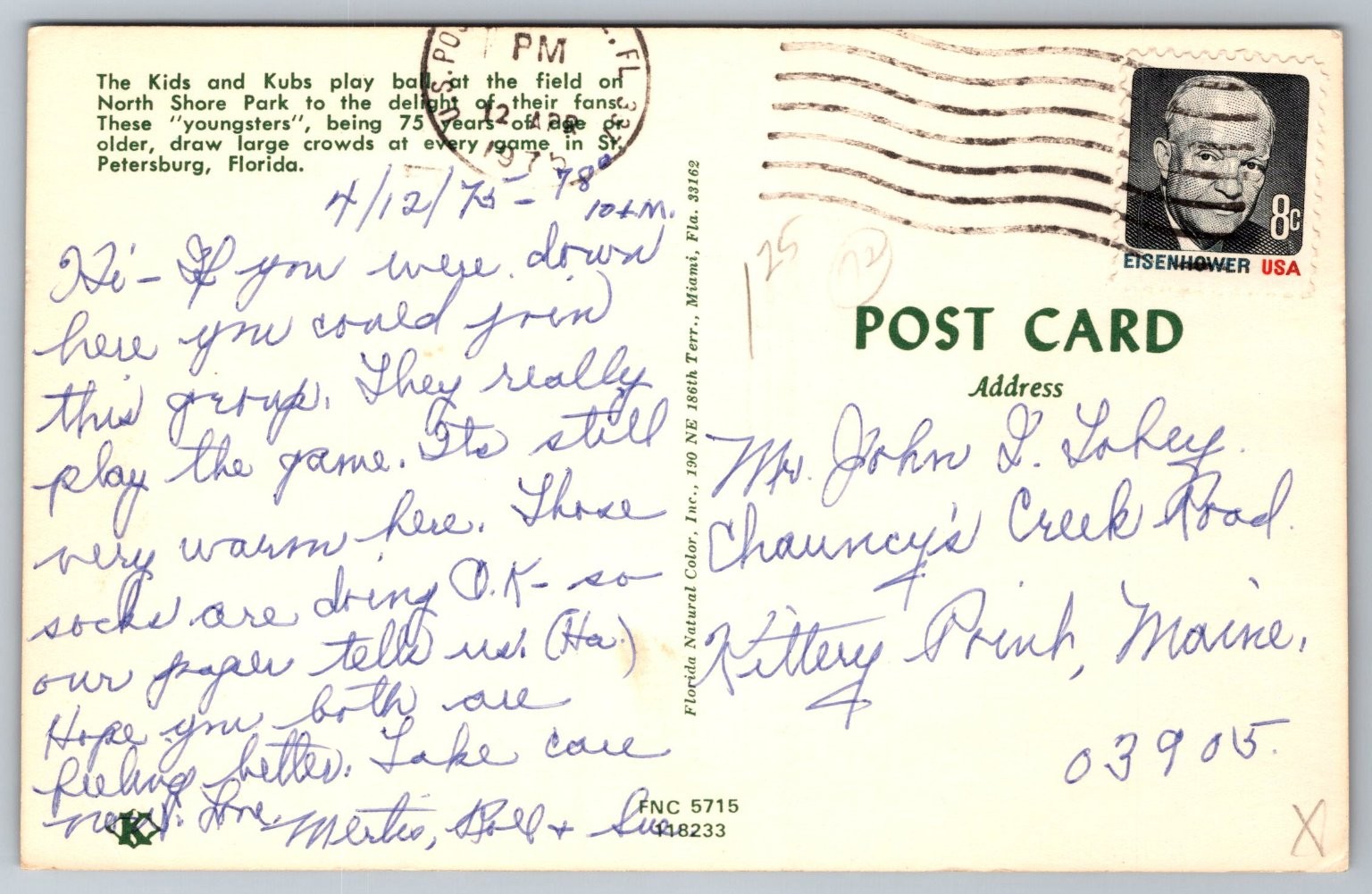 1973 St. Petersburg FL Kids & Kubs Baseball North Shore Park Postcard AA791