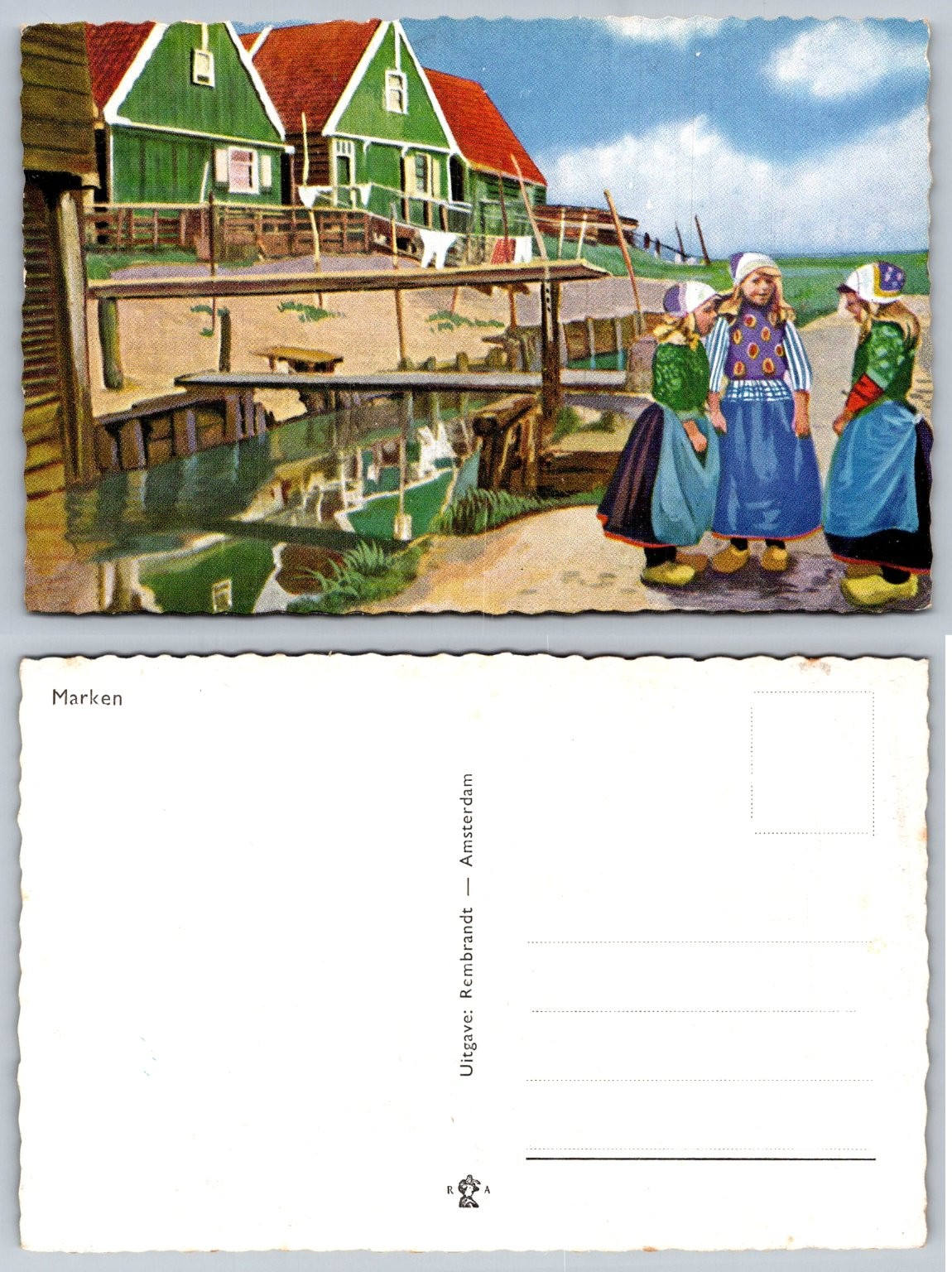 Marken Netherlands Dutch Girls Traditional Costume Canal House Postcard