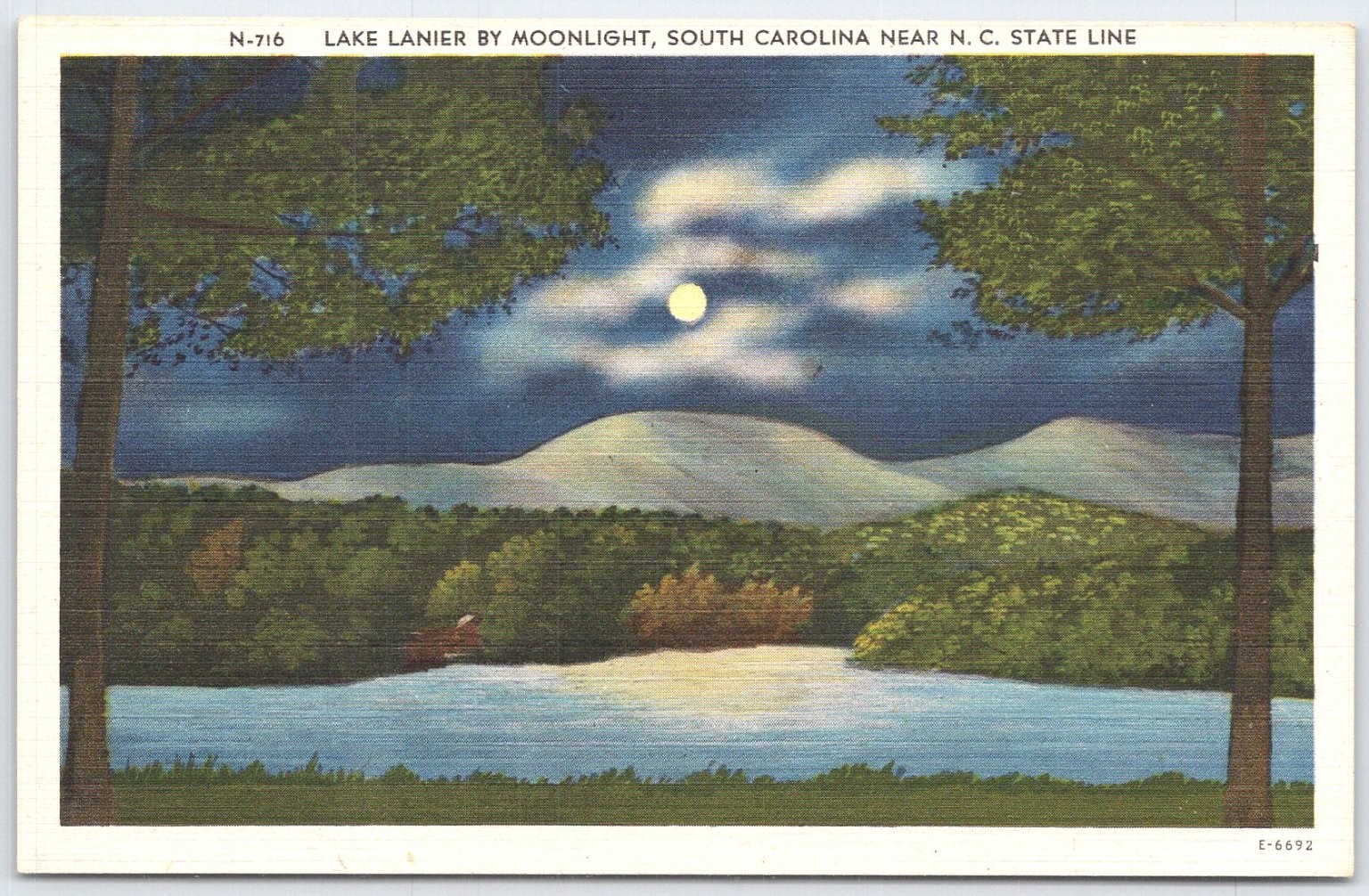 Lake Lanier SC Moonlight Postcard – Asheville Post Card Co. Vintage