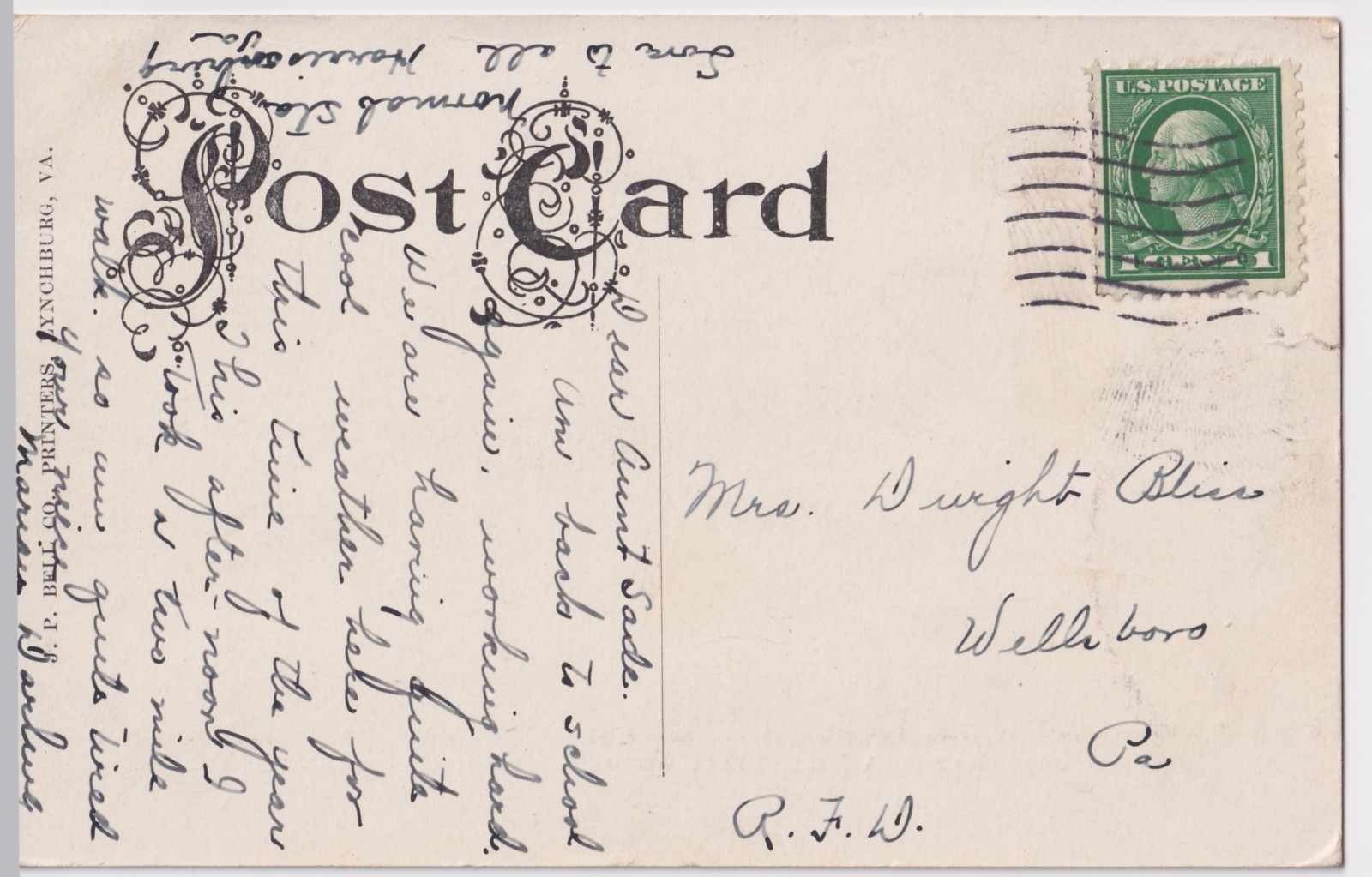 VIRGINIA HARRISONBURG STATE NORMAL MAYPOLE ca 1907 TO DWIGHT BLISS, WELLSBORO PA
