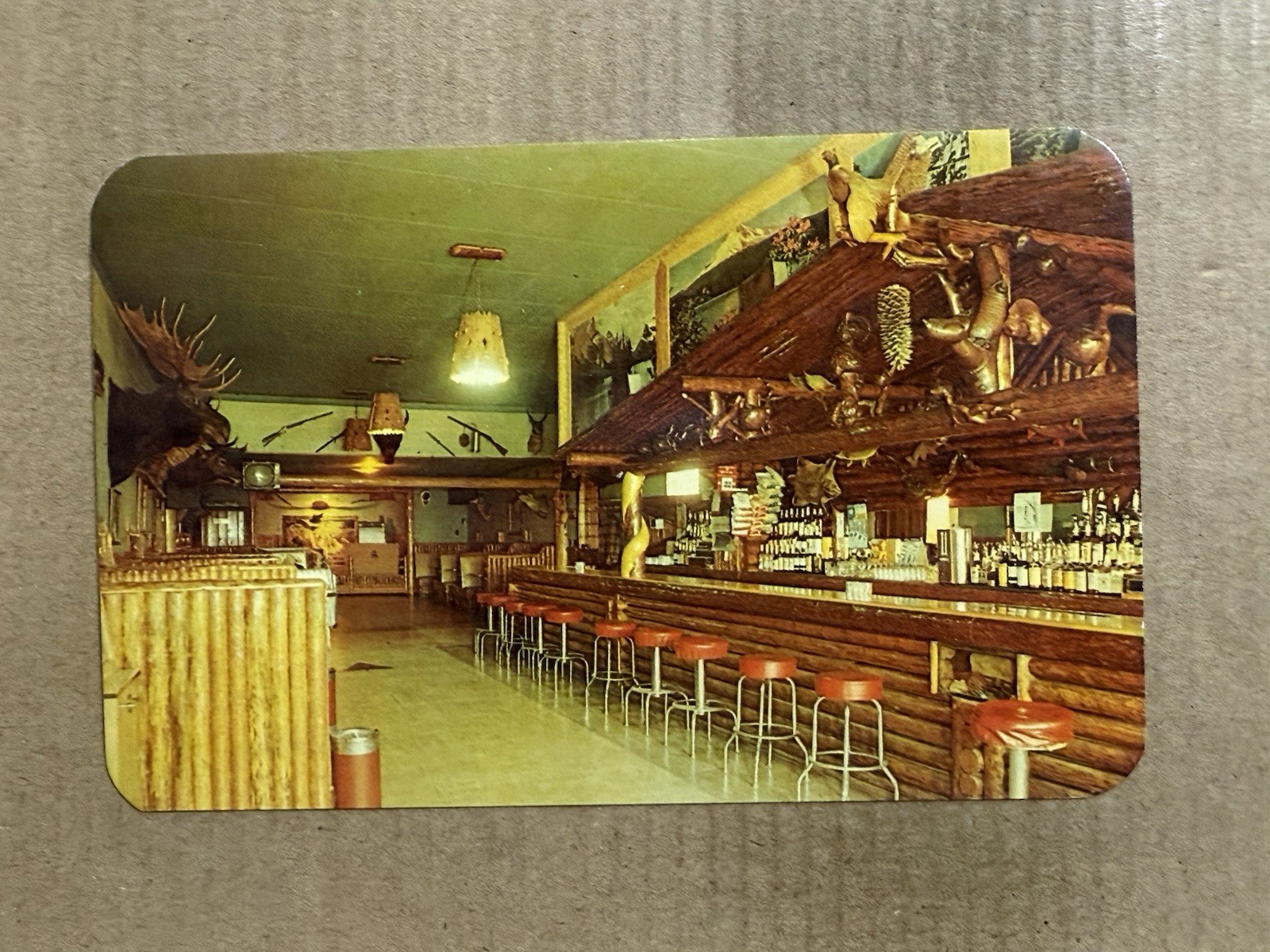 Postcard Dubois WY Wyoming Rustic Pine Tavern Bar Taxidermy Moose Head