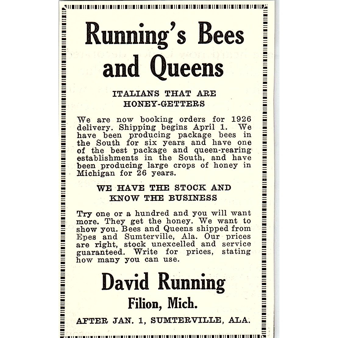 Running’s Bees and Queens David Running Filon MI 1926 Ad AG3-M8