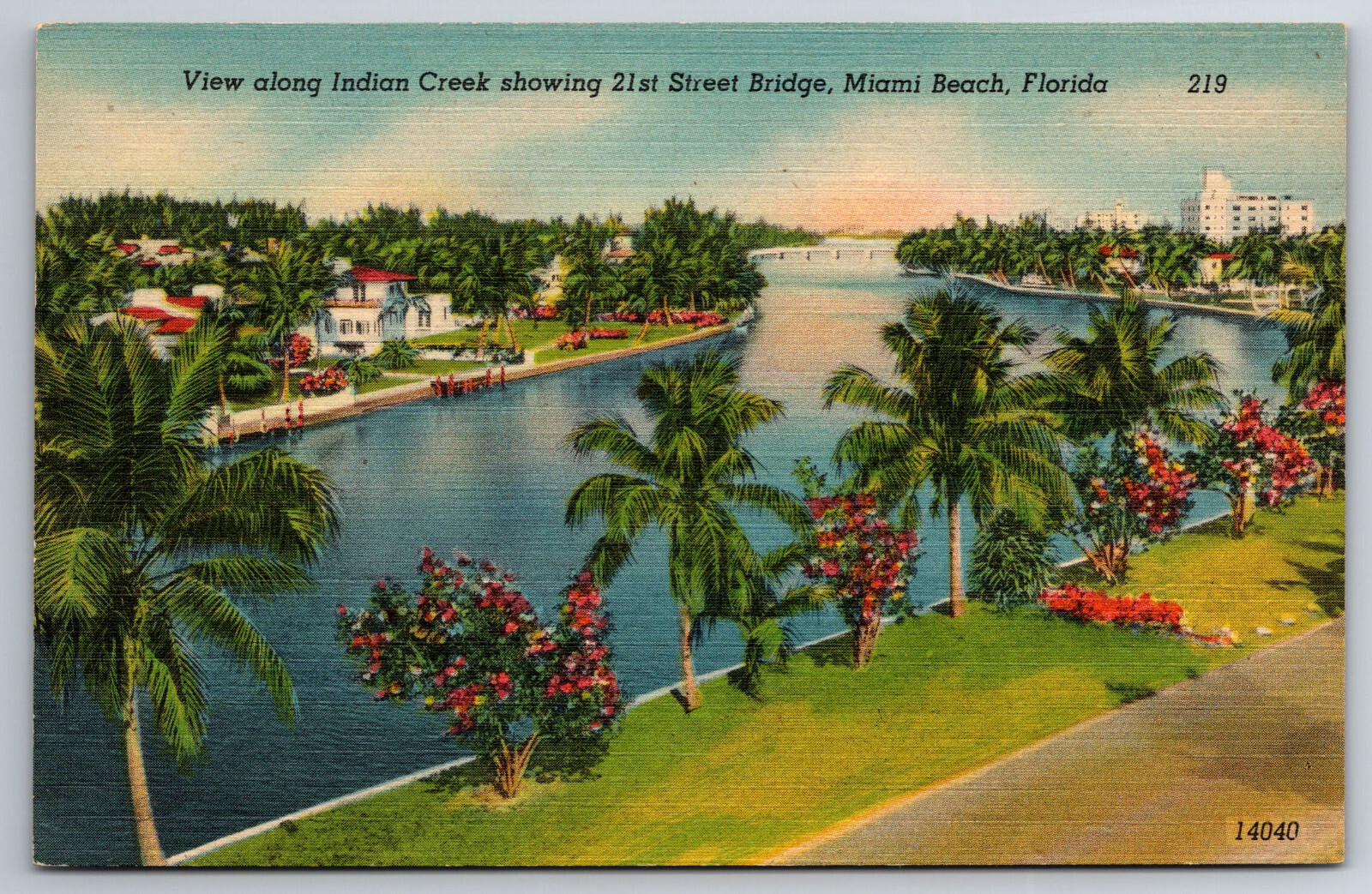 Vintage Postcard FL Miami Beach Indian Creek 21st Street Bridge Linen ~8675