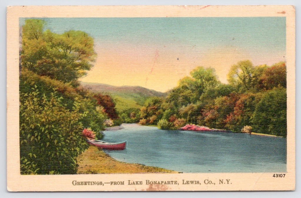 Lake Bonaparte New York Lakeside Scene Lewis County Greetings From 1941 Postcard