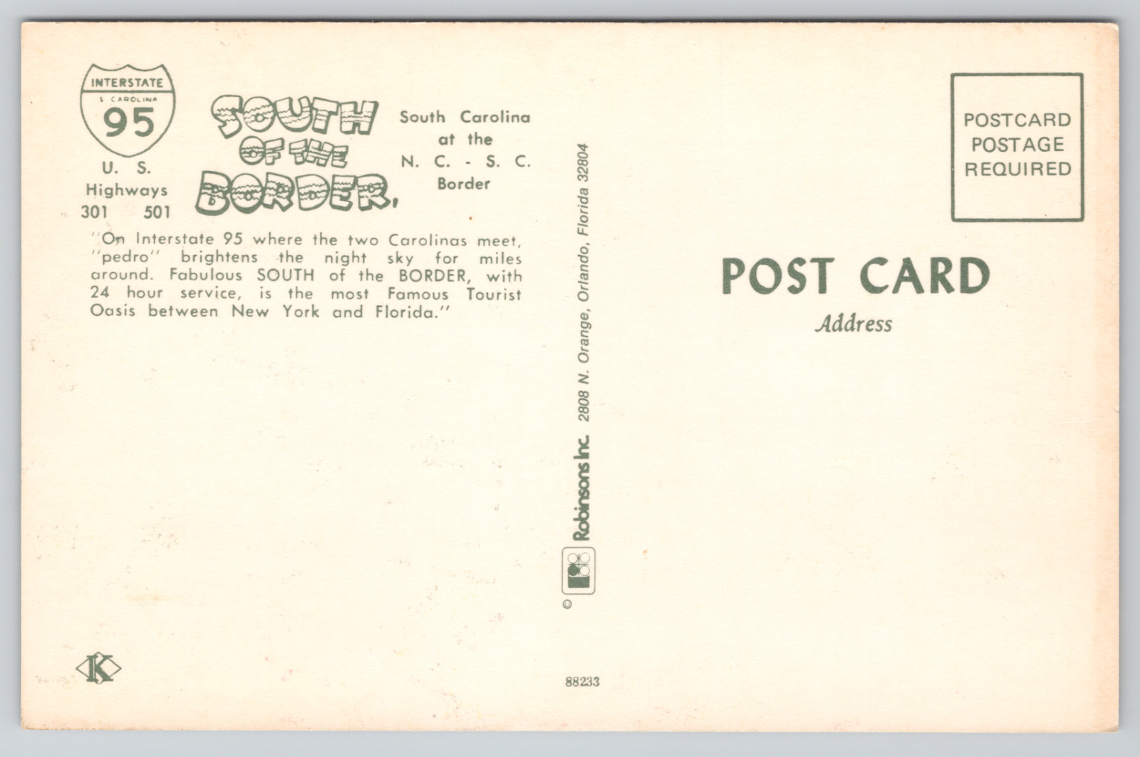 Postcard Hamer South Carolina South of the Border I-95 Tourist