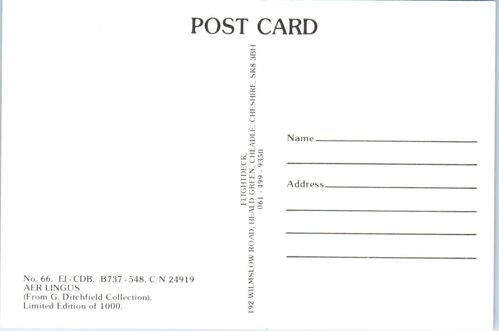 No.66 Aer Lingus Airlines EI-CDB B737-548 Ireland Postcard