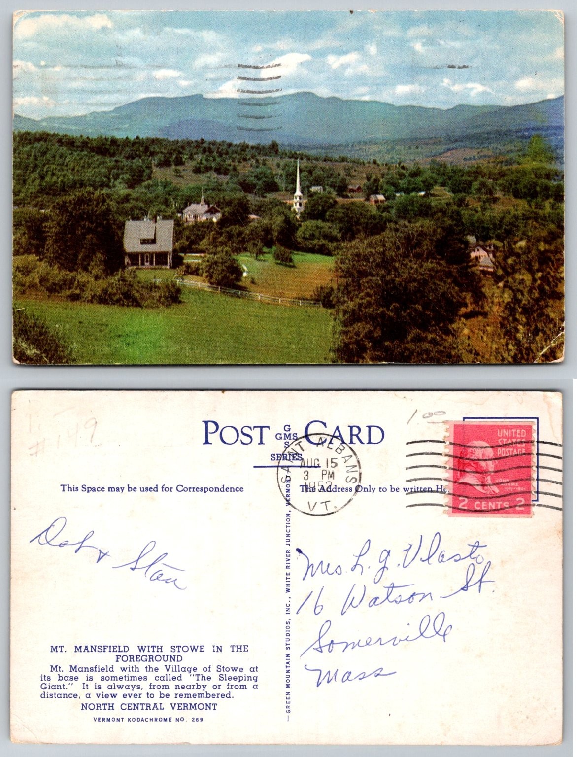 1952 Mt. Mansfield Stowe Vermont Village Sleeping Giant Kodachrome Postcard