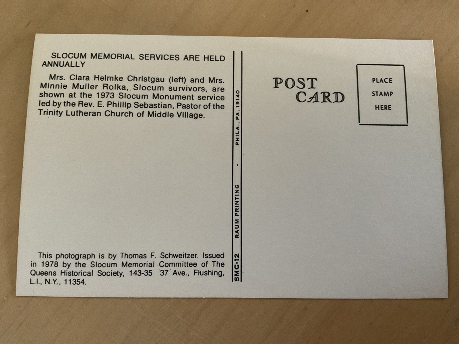 Queens Historical Society Postcard General Slocum Memorial Service 1978 SMC-12