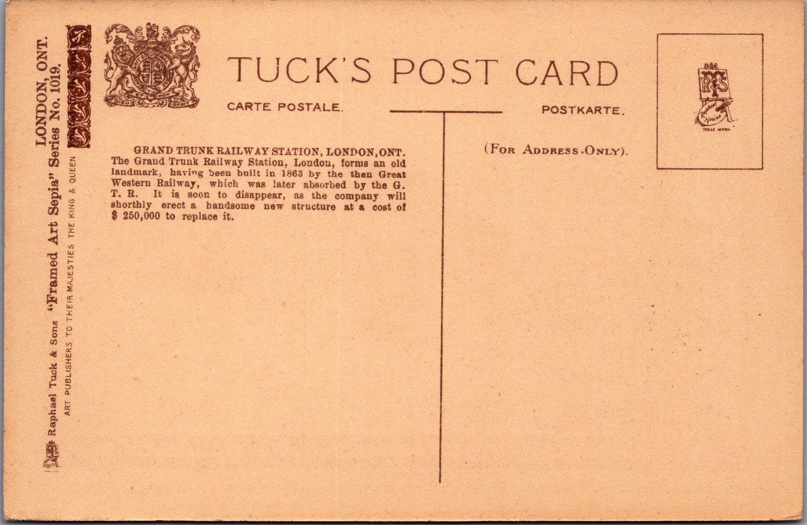 Grand Trunk Railway Station London Ontario Postcard Steam Train Tuck’s Sepia