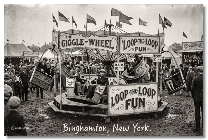 Vintage‑STYLE ART 1930s RPPC-GIGGLE WHEEL FUN BINGHAMTON NEW YORK-FAUX PHOTO