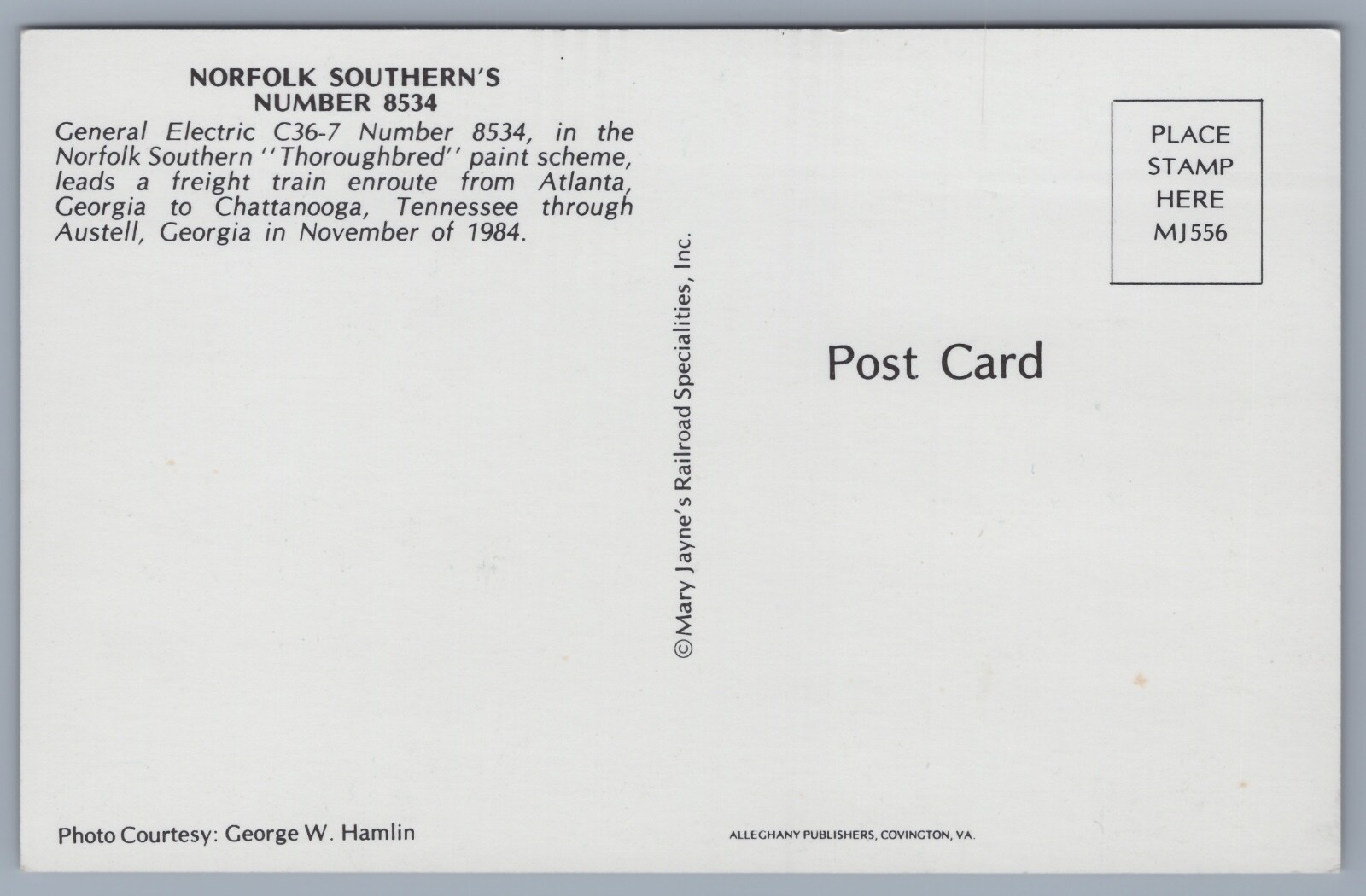 Postcard – Norfolk Southern #8534 C36-7 Locomotive Austell Georgia 1984 Train