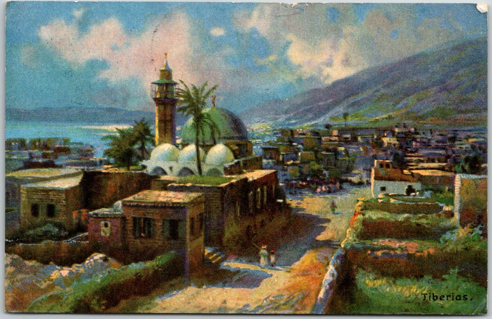 Cityscape Lighthouse Dome Tiberias Israel C.1910s Color Posted Postcard