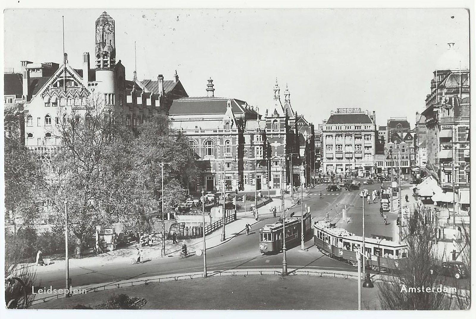 Leidseplein Amsterdam Netherlands, Old PC, View of Square-Trams, RPPC