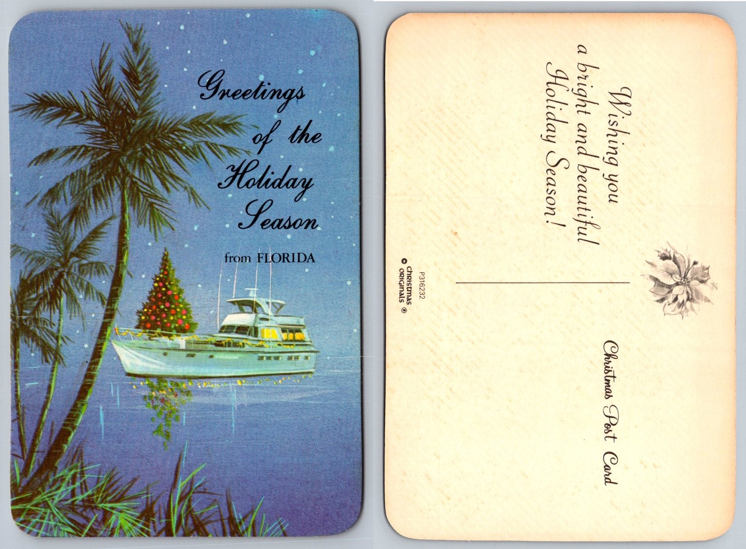 Florida Christmas Yacht Postcard Holiday Season Palm Trees Poinsettia