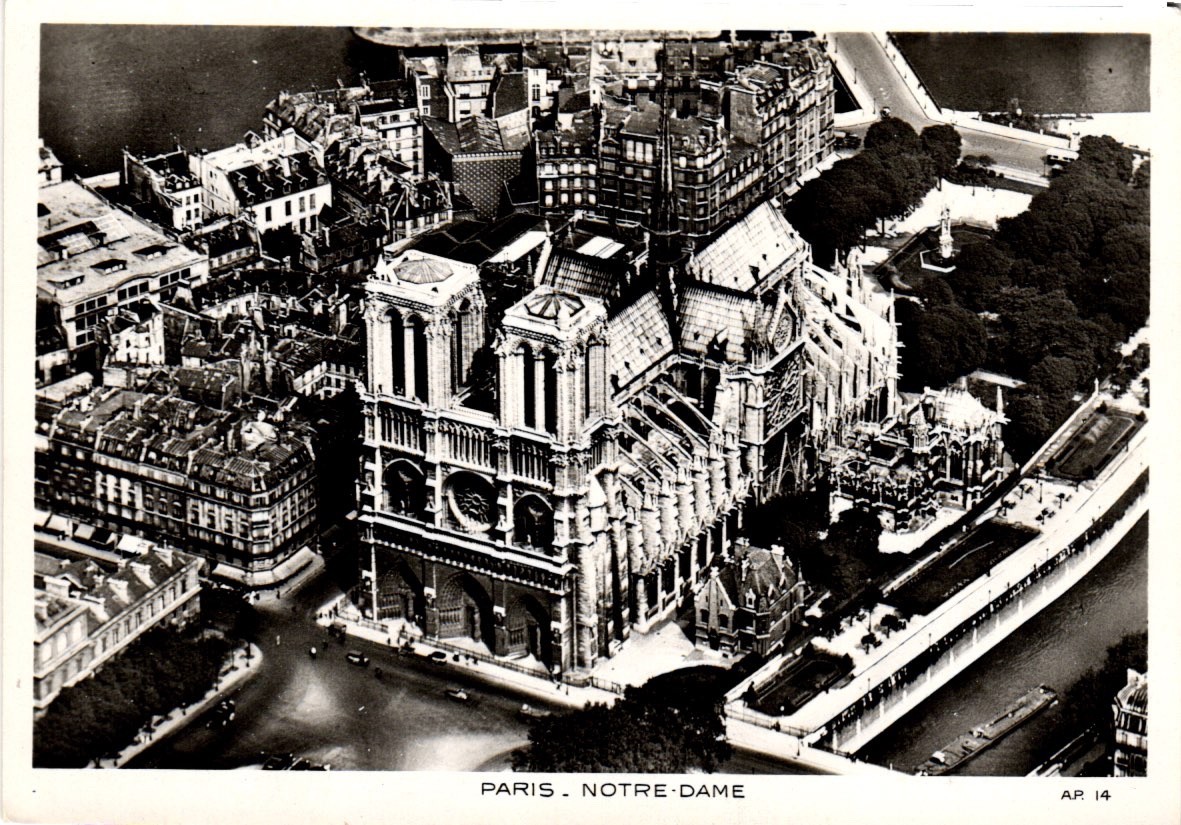 Postcard Paris Notre-Dame, Black and white, sky view.